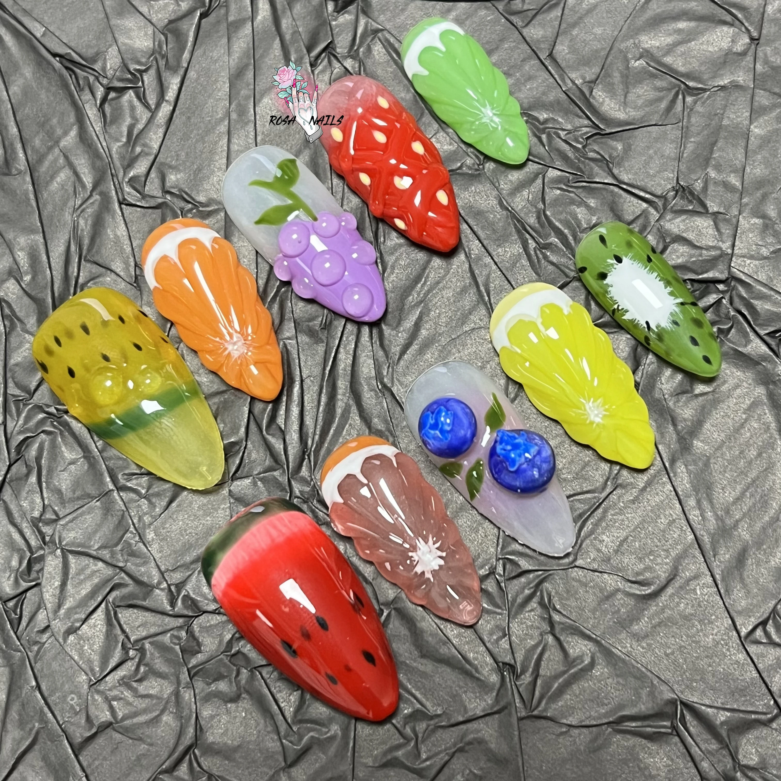 

3D Fruit Strawberry Press on Nails Cute Orange Lemon Style Handmade Fake Nail Tips Reusable Long Almond False Nail Tips Pressons