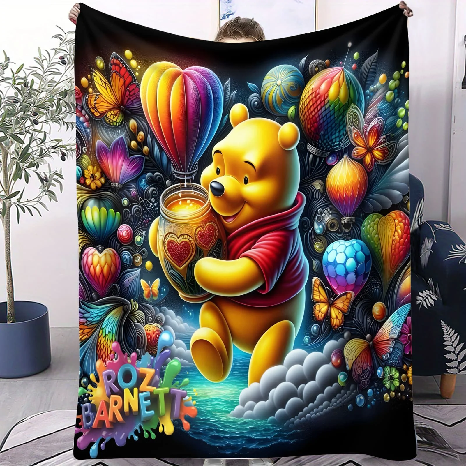

Winnie the Pooh with Roses Fleece Blanket Gift for Pooh Bear Fans Cozy Throw for Bed & Couch Soft Plush Blanket for Kids Family