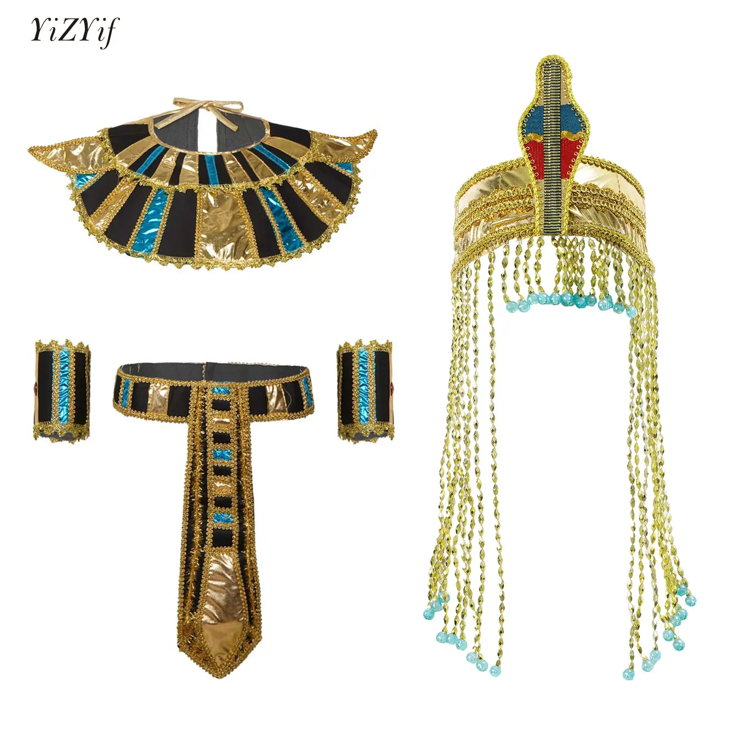 

Egypt Priest Cosplay Costume Collar Belt Headwear Set Men Women Cleopatra Queen Halloween Party Masquerade Accessories Props