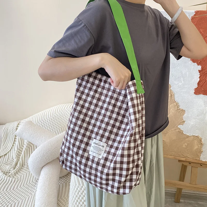 Canvas Shopping Bags Durable Women Student Cotton Linen Single Flax Shoulder Bag ColorCheck Plaid Large Capacity Tote Bags Bolsa