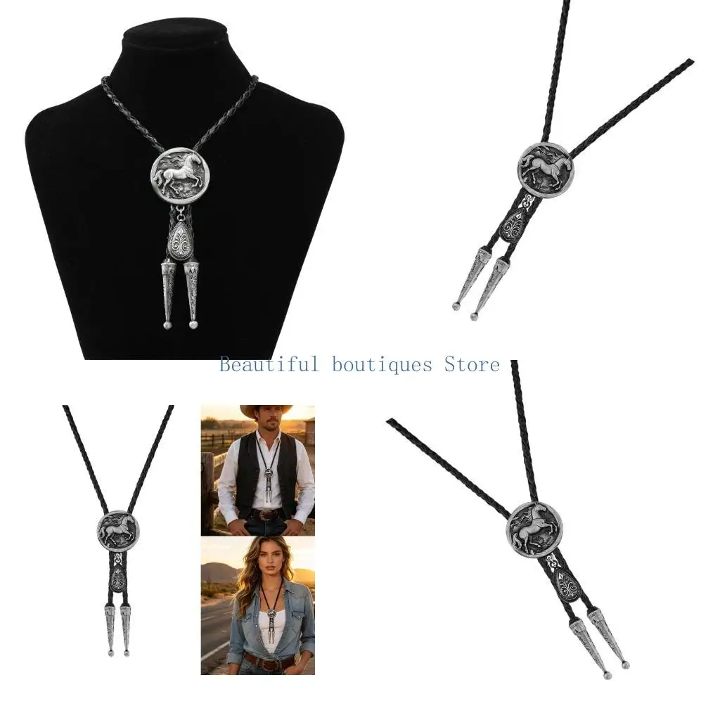 U4LF Adjustable Slide Bolo Tie Necklace with Horse Centerpiece, Braided Black Cord and Engraved Metal Tips for Western Neck