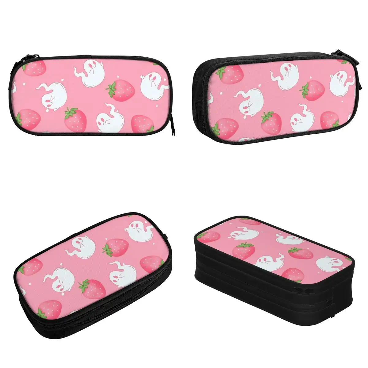 Estuche de lápices con estampado de fantasma de fresa rosa, lindo estuche de lápices de Halloween, caja de bolígrafos para estudiantes, bolsa grande, regalos escolares para estudiantes, papelería