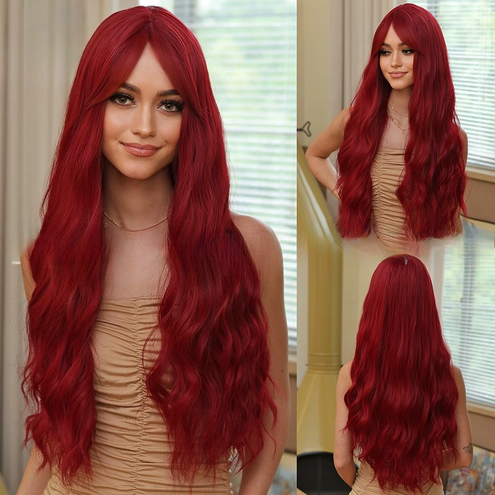 

Wig women 28inch long curly hair burgundy bangs wig daily wear chemical fiber wig cover