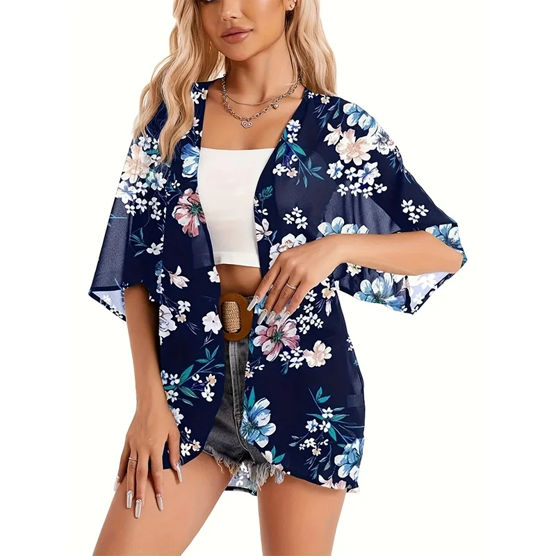 Dames Bloemen 3D Gedrukt Halve mouw Sjaal Chiffon Kimono Strandvest Bikini Cover Wrap Strandkleding UV-bestendige jas Zomer