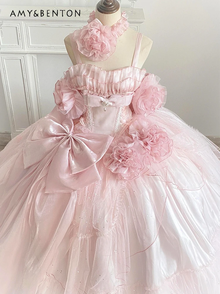 Sukienki wieczorowe w stylu Lolita Fairy, słodka różowa kokarda, trójwymiarowe plisowane kwiaty, sukienka księżniczki z odkrytymi ramionami i wysokim stanem.