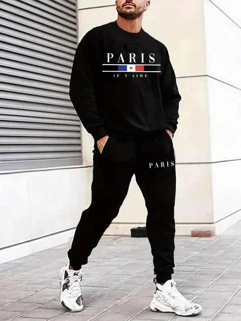 Simple ParisMen\'s Fashion Brand Clothing Sportswear Paris Long Sleeve + SweatPants 3D Printed Design Casual Jogging 2-piece Sets