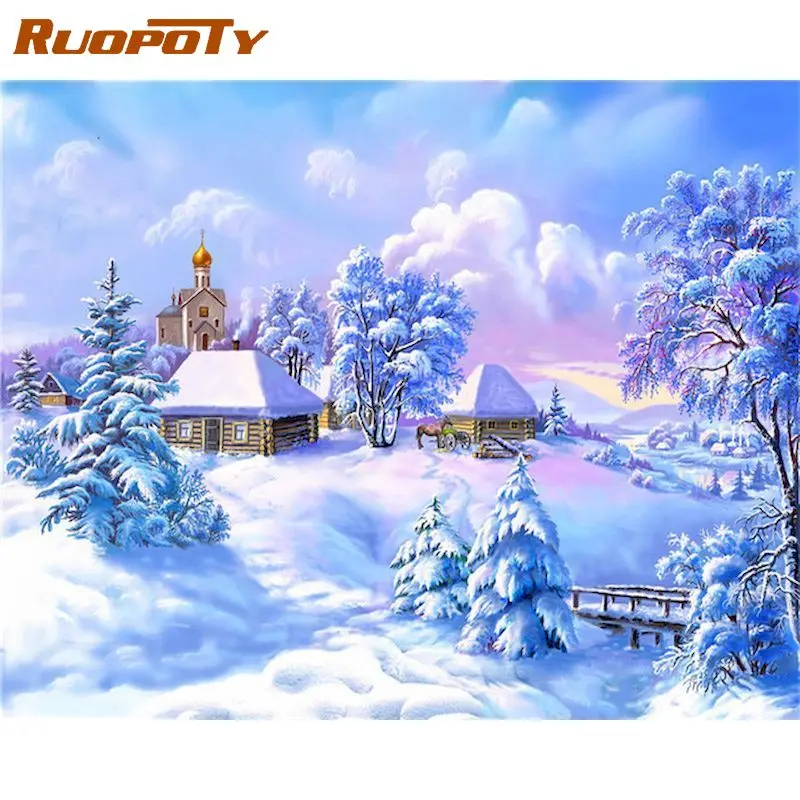 

RUOPOTY 40x50cm Frame Oil Picture By Numbers For Adults Children Snow House Scenery Paint Kit HandPainted Unique Gift Wall Art