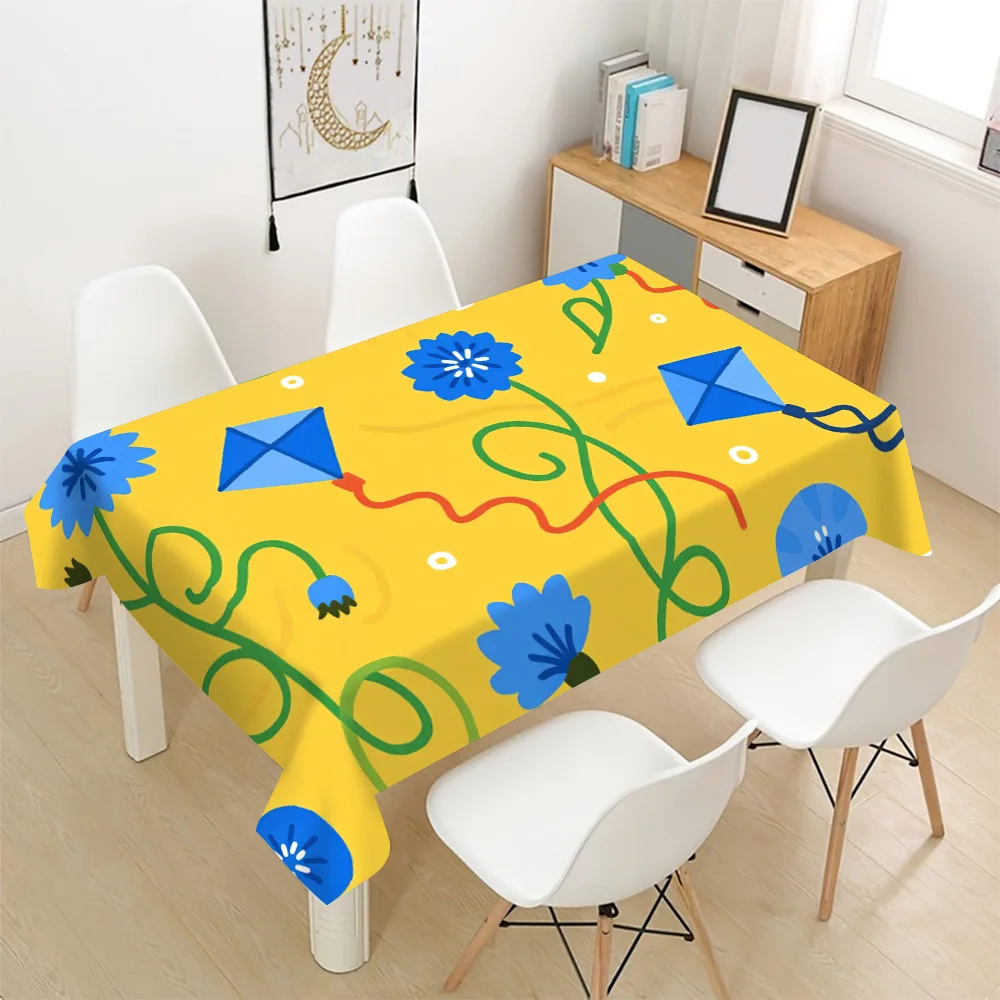 Kite Flower Tablecloth, Yellow Background With Cute Floral Pattern, Waterproof Table Cover for Daily Meals & Home Party Use