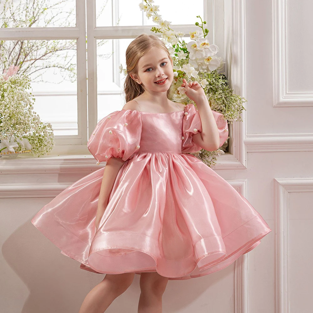 

Children's Dress Pink off-shoulder Princess Dress For Girl with bow Pearl Decorative Accessories For Weddings Birthday Parties