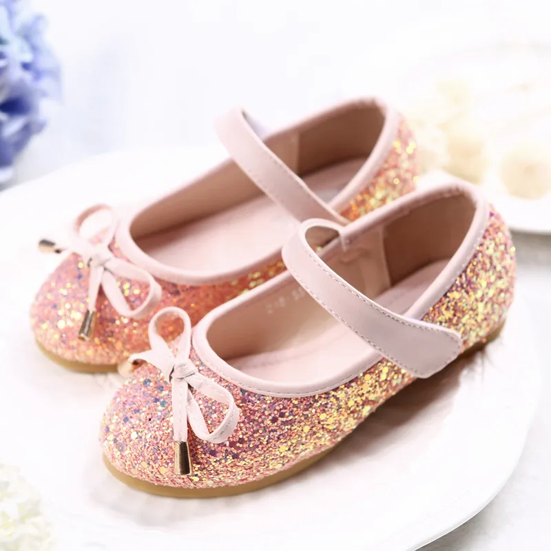 Breathable New Fashion Models Sweet Girls Princess Leather Shoes With Jewelry Glitter For 25-34 Size