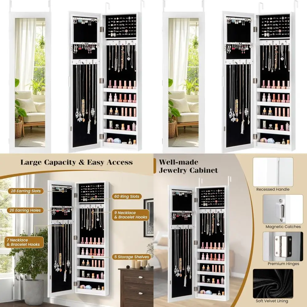 

Белый настенный или дверной шкаф для ювелирных изделий с зеркалом в полный рост, подвесной органайзер с крючками, отделениями и полками