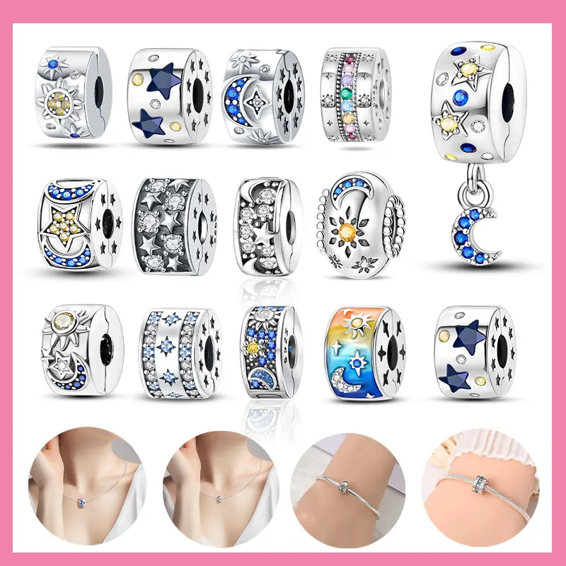 Sterling Silver 925 Colored Zircon Paving Star Clip Charms Spacer Beads for Women's Original Bracelet Jewelry Gift