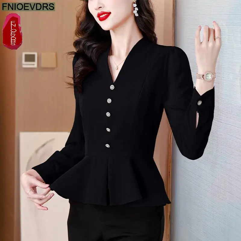 Office Shirts Basic Wear New Design Women 2024 Autumn Spring Work Lady V Neck Long Sleeve Black Purple Ruffles Peplum Top Shirt