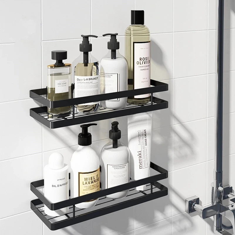 

Bathroom Shelf Space Aluminum Black Storage Holder Bath Shower Shelf 20-50cm Kitchen Wall Shelf Toilet Shampoo Holder No Drill