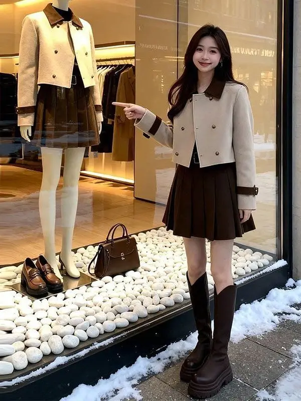 Retro Casual Style Pleated Skirt Set Double Breasted  Coat Half Length Skirt Elegant British Style Autumn New Arrival