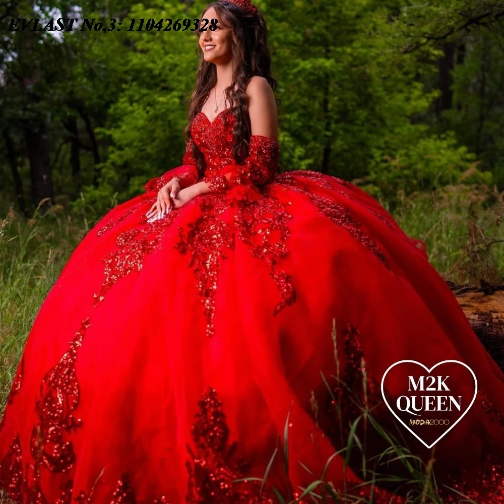 

EVLAST Customized Shiny Red Quinceanera Dress Ball Gown Sequins Applique Beaded Tiered Back Sweet 16 Vestidos De 15 Anos E3Q40