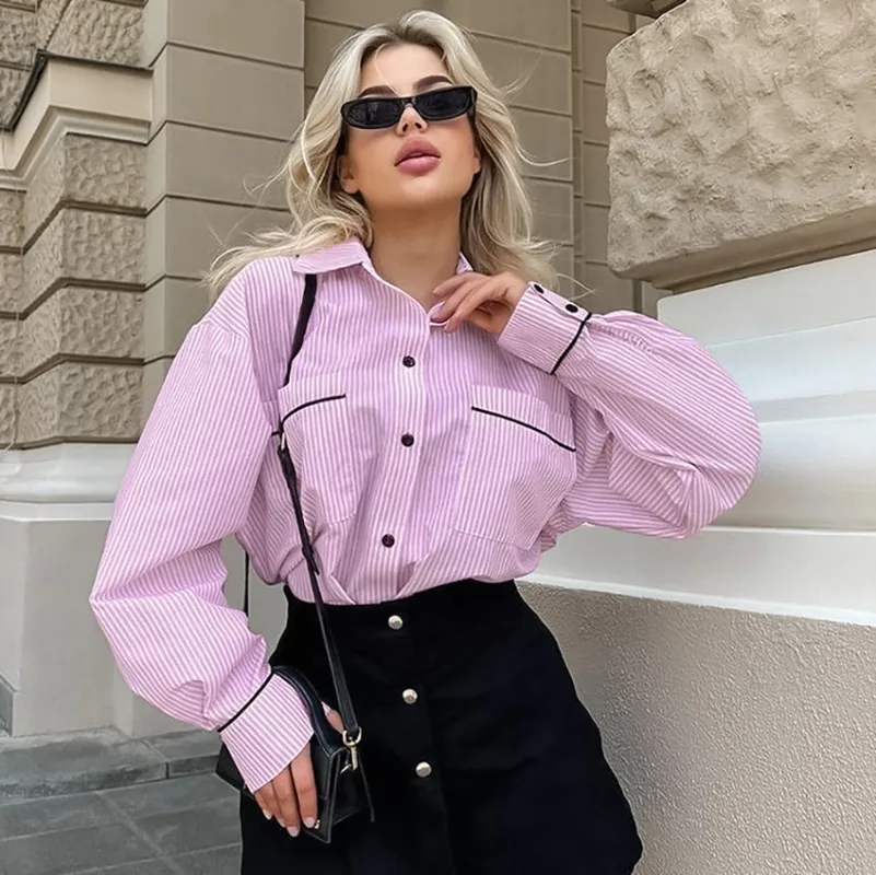 Women 2026 Summer Autumn New Hot Selling French Color Block Striped Pink Versatile Simple Casual Blouse Top Trendy Chic Daily
