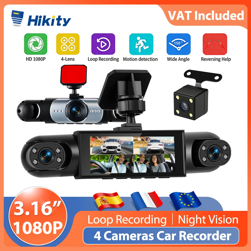 Caméra embarquée Hikity 1080P de 3,16 pouces avec quatre objectifs haute définition, y compris des caméras intérieures gauche, intérieures droite et de recul