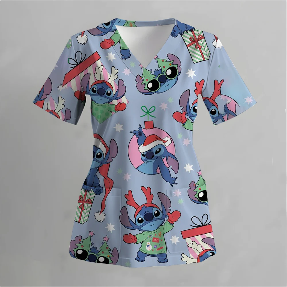 Lilo &Stitch Disney Summer Pocket New Woman T-shirts Hospital Nurse Uniform T-shirt Y2k V Neck Clothing Uniform Pocket Neck Y2k image 6