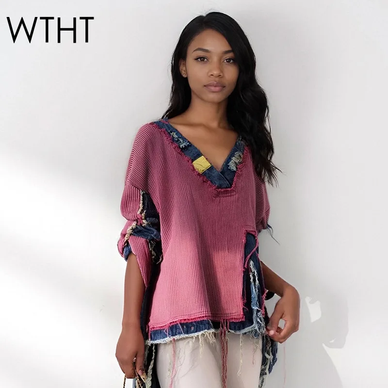 

WTHT Fashion Women's Spliced Denim Irregular Vintage Sweater 2025 Autumn Trendy V-neck Long Sleeves Pullovers Female 1LS2489