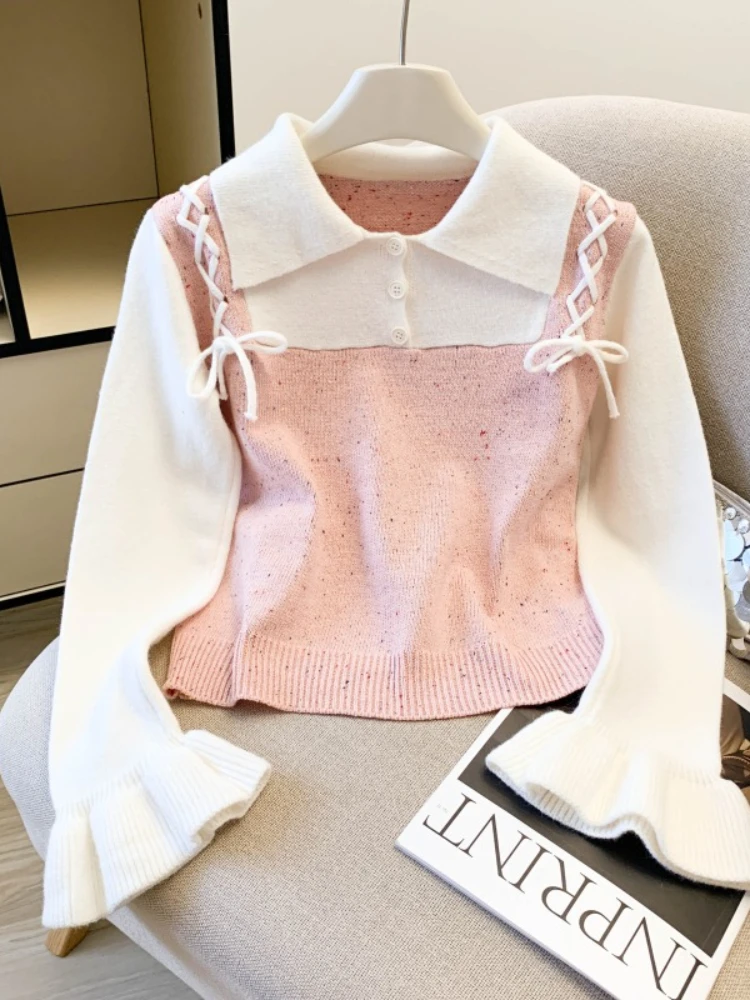 Autumn New Korean Sweet Knit Top Women 2025 Gentle Style Fake 2 Piece Color Block Long Sleeve Shirt Tie Vest Design Pullover