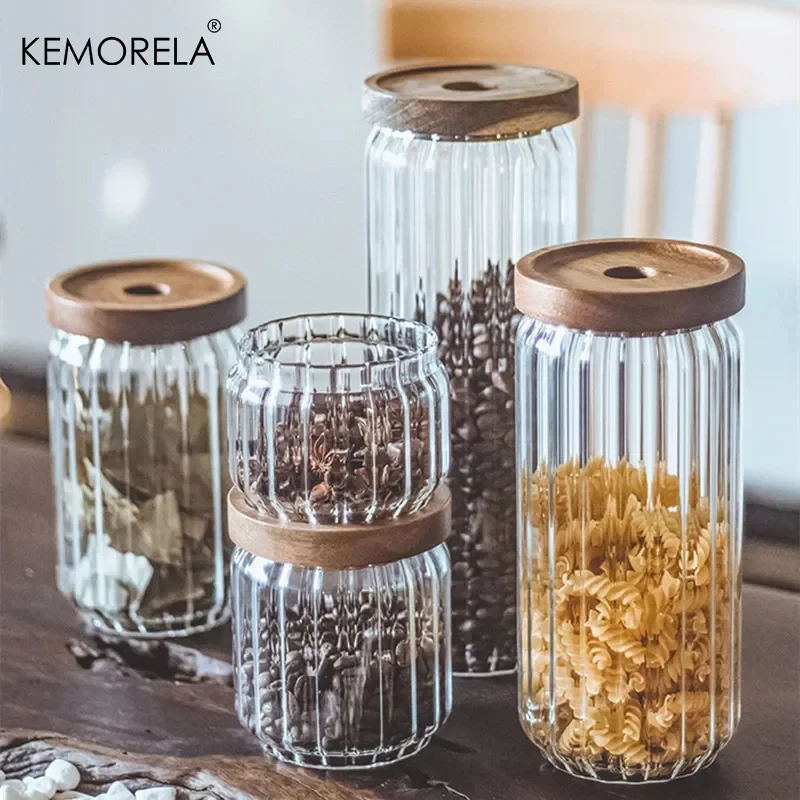 Glass Storage Jar With Acacia Wooden Cover Kitchen Snacks Tea Coffee Bean High Capacity High borosilicate Sealed Storage Bottles