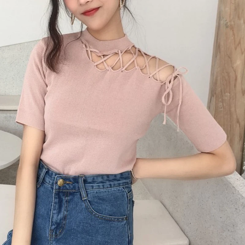 

Sumemr New Round Neck Fashion Short Sleeve T-shirt Women Knitting Elegant Hollow Out Tops Casual Solid Color Slim Chic Pullover