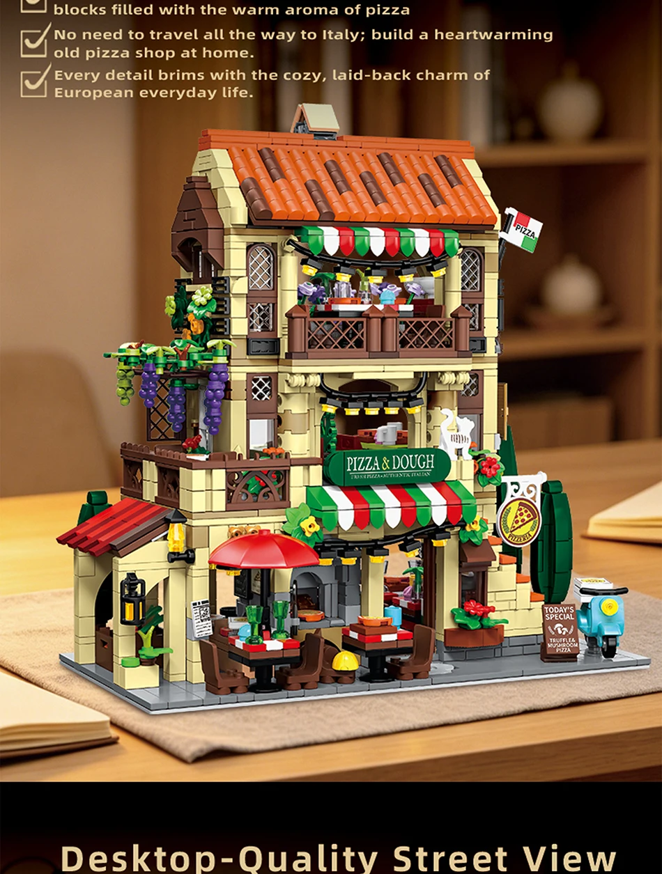 City Series MOC 1962pcs Pizza Shop Model Building Blocks DIY Pizza Restaurant Bricks Toys Gifts For Men Boy Desktop Ornament
