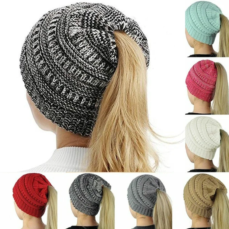 Chapéu de malha de crochê elástico feminino, Holey Caps quente, pão bagunçado, gorro rabo de cavalo, inverno