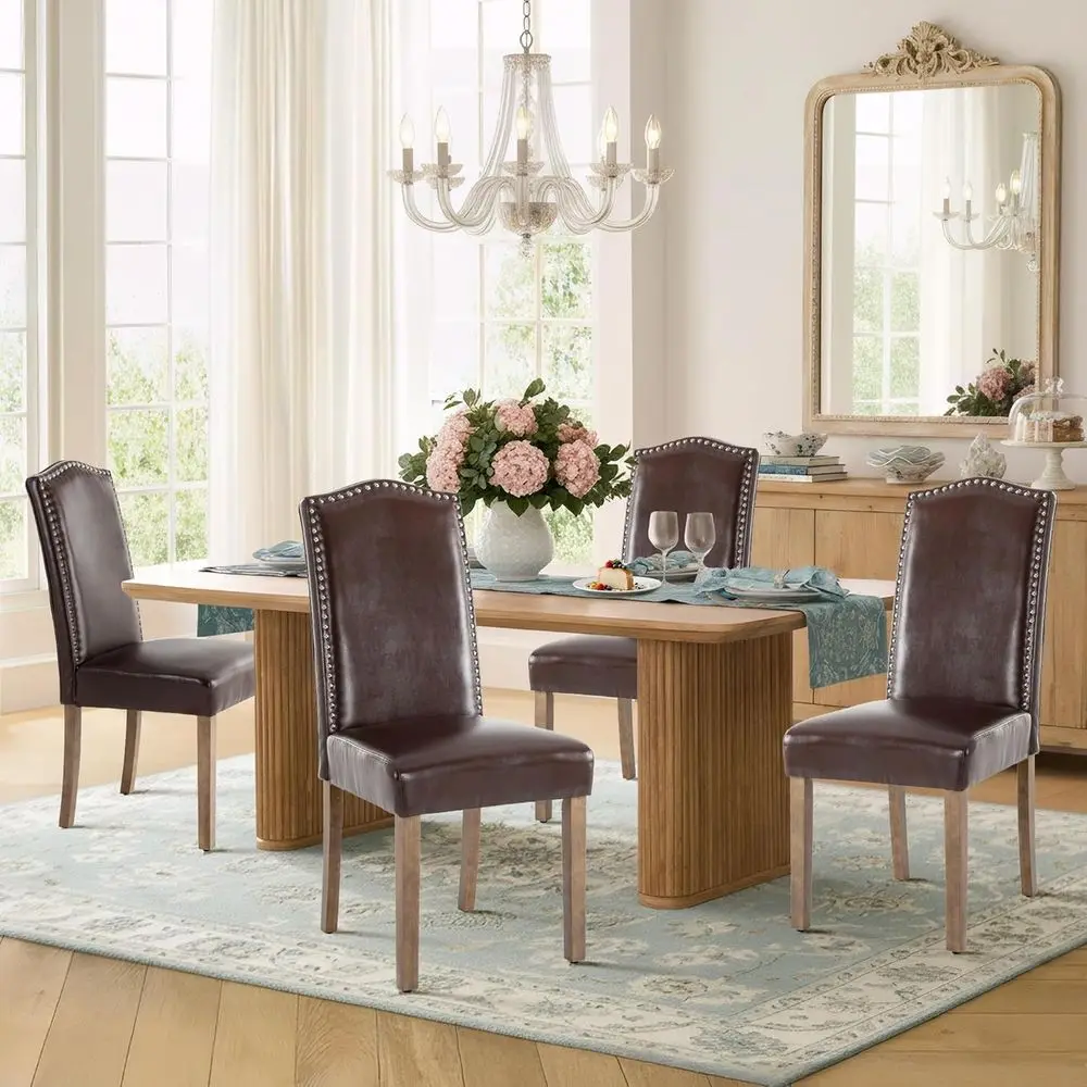 

Обеденный стул с обивкой, стильный, в стиле Парсонс, с высокой спинкой, серебристой отделкой и деревянными ножками, комплект из 4 штук, коричневый, из ПУ-кожи