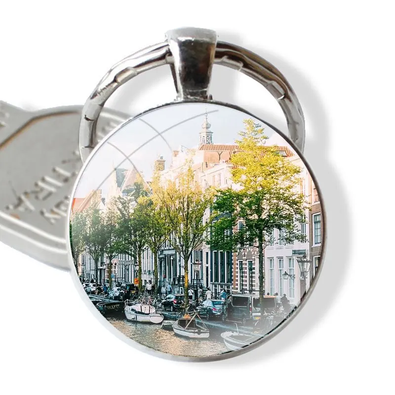 Travelling Amsterdam The Netherlands 25mm Glass Cabohcon Keychain Key Rings for Women Men Jewelry Gift