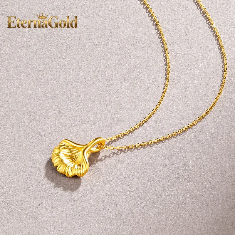 

EternaGold Роскошное женское ожерелье с подвеской в виде листа гинкго из чистого золота 24K 9999 пробы