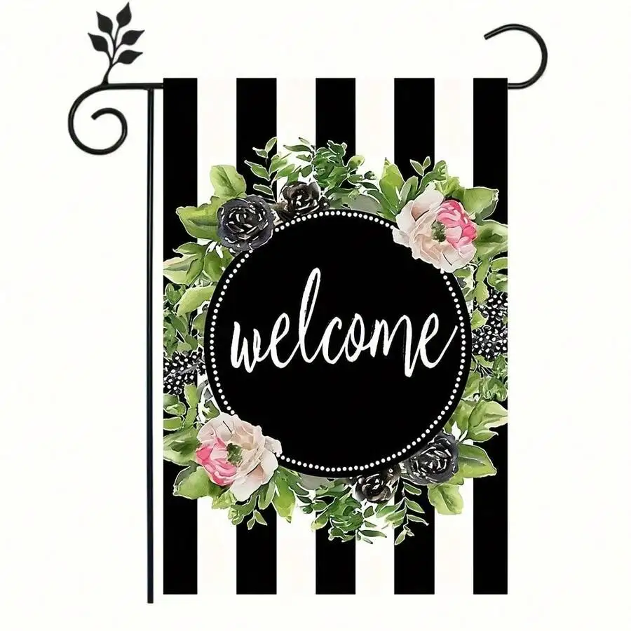 

1Pc Welcome Garden Flag Double Sided Rustic Farmhouse Floral Striped Design Polyester 12x18 Inch Outdoor Porch Yard Garden Decor