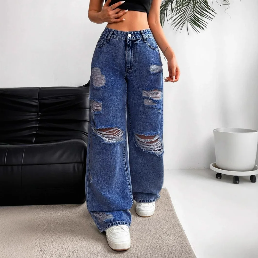

Hole Jeans for Women Ripped Straight Pants Mid Waist Distressed Washed Pockets Vintage Denims 2025 Streetwear Female Trousers