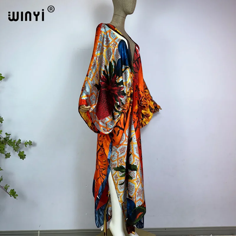 Sexy bech high-quality hand-rolled feel silk rayon fashion print 2021 WINYI Maxi women\'s robes long beach V-neck Bohemian dress