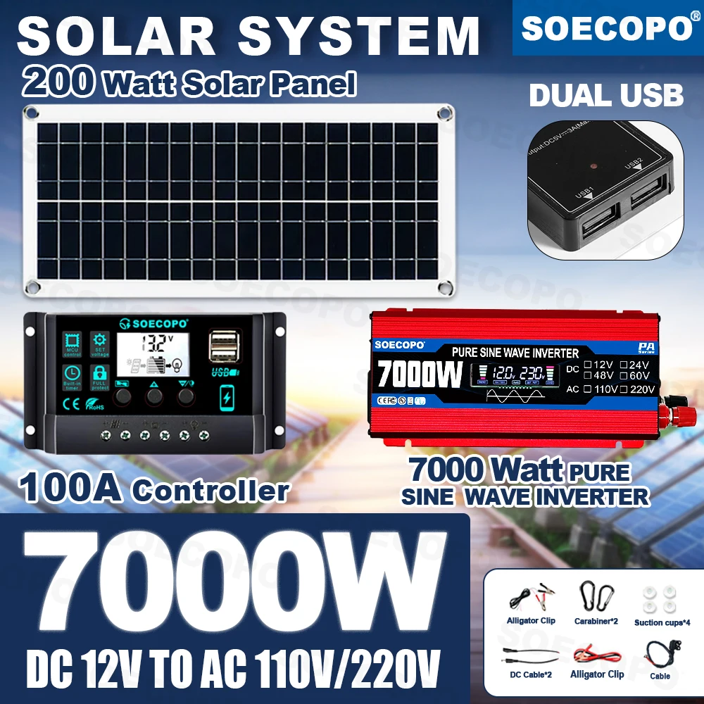 

7000W Peak Solar System Kit 110V 220V Pure Sine Wave Inverter 200W Panel 100A Controller for Picnic Party Greenhouse Garden home