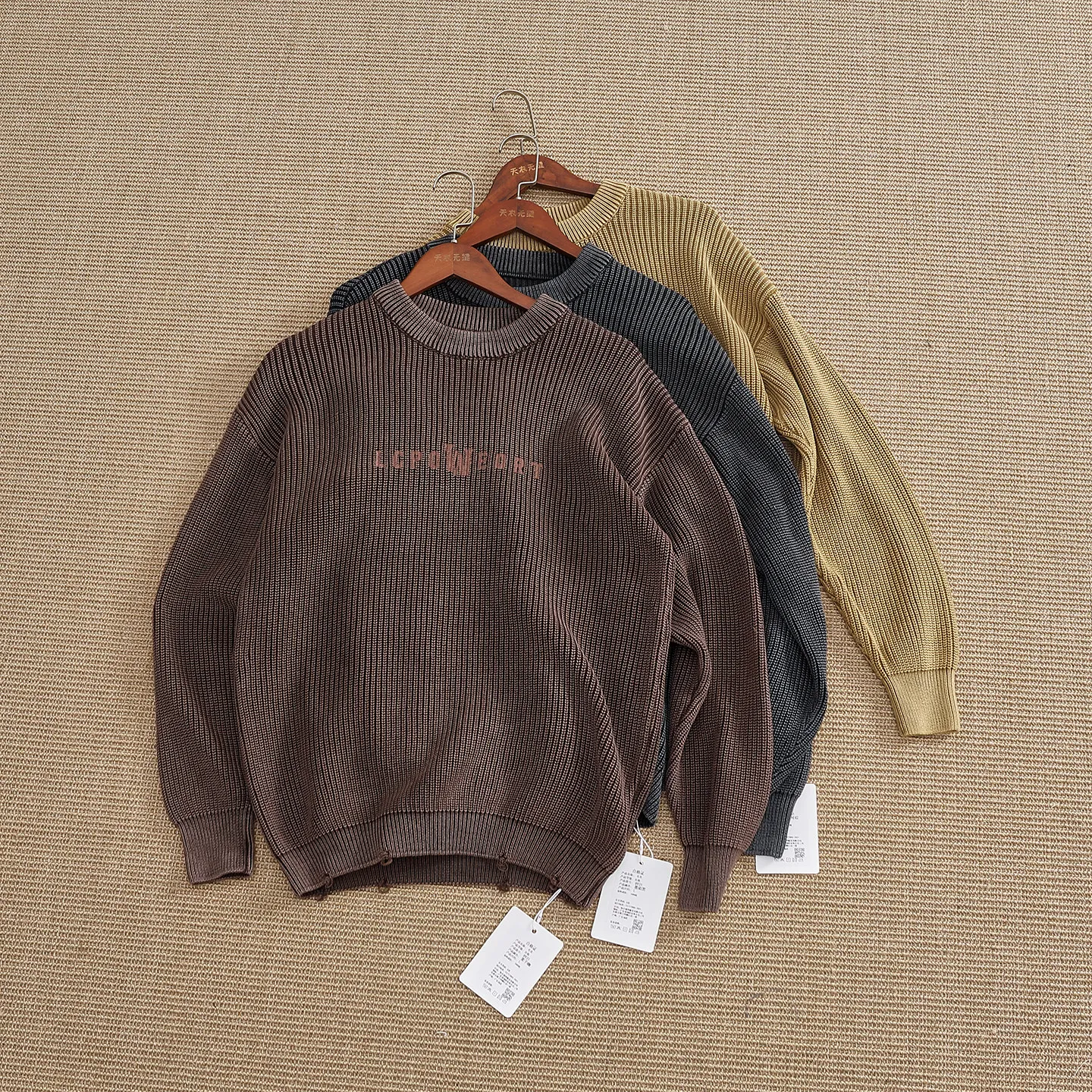 100% cotton distressed sweater men's thick-needle round-neck knitted top loose off-shoulder retro inner layering shirt