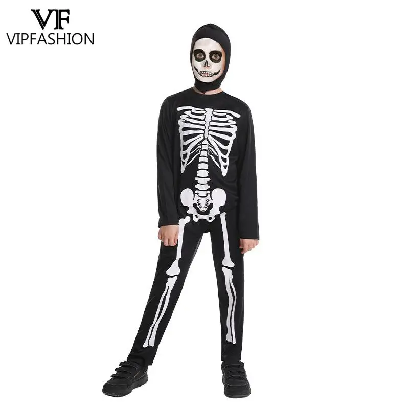 VIP FASHION Halloween Skeleton tute Kids Carnival Party Costume Cosplay con copricapo ragazzi Horror Show Outfit abbigliamento