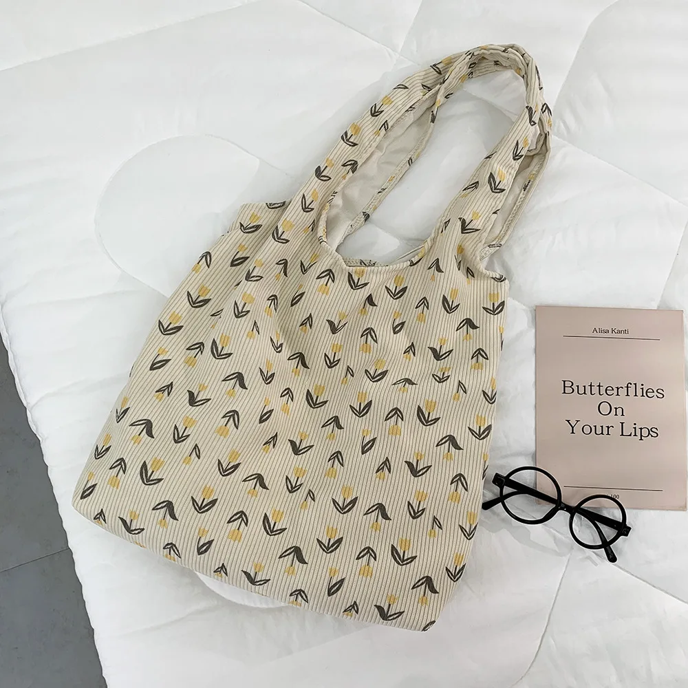 

Вельветовая женская сумка на плечо с милым принтом тюльпанов, большая вместительная портативная женская сумка для покупок, повседневный жилет для студентов, сумки