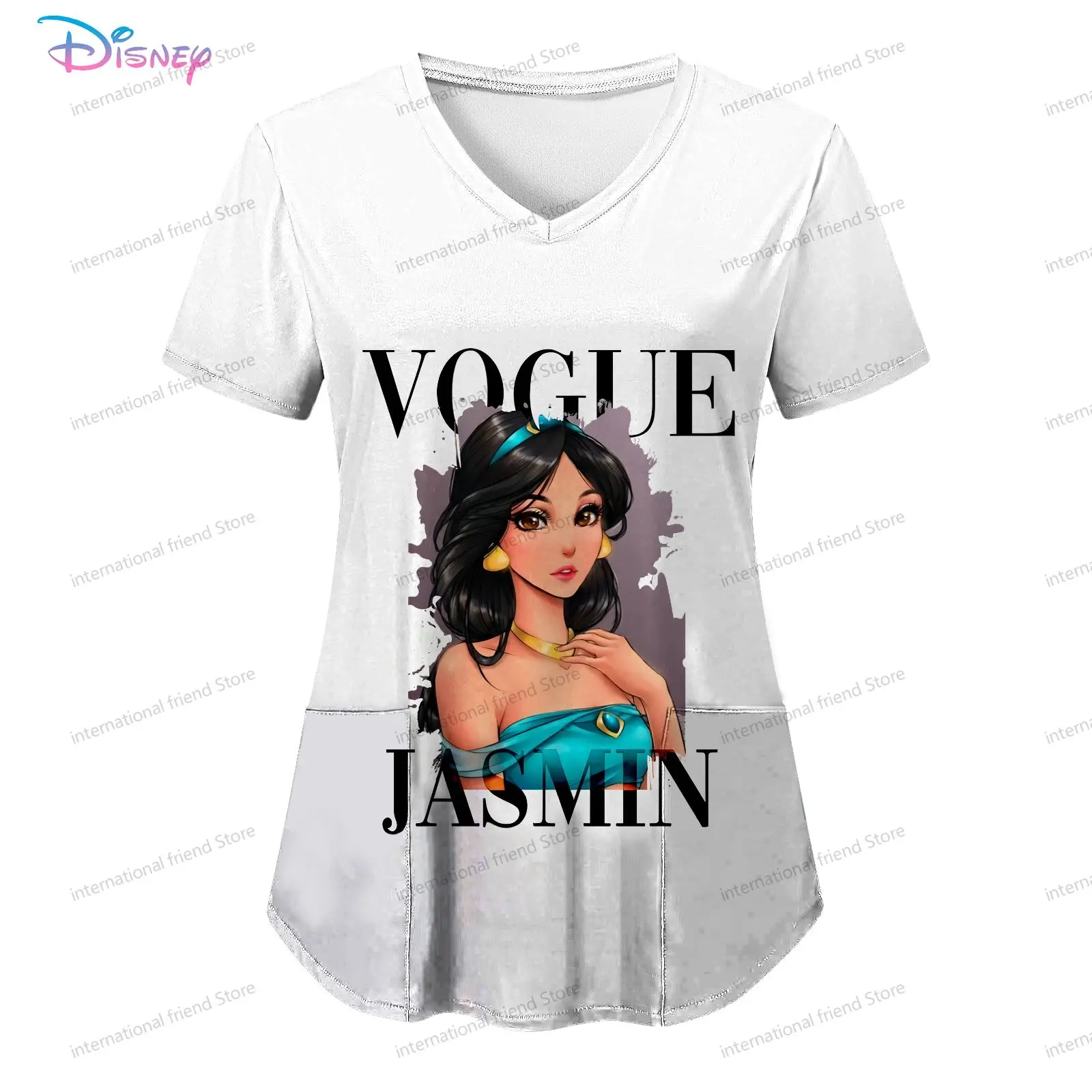 Pocket Disney Princess Women's V Neck Nurse Uniform T-Shirt Summer Short Sleeve Youthful Woman Clothes New Dress 2024 Kawaii Y2k