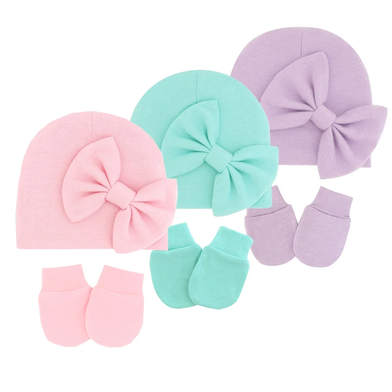 2Pcs Newborn Beanie Hat Gloves Set Cotton Princess Bow Baby Girl Hat Spring Autumn Winter Infant Bonnet Toddler Cap 0-6M