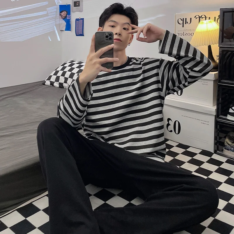 Striped Pajama Sets Men Loose Long Sleeve O-neck Tops Korean Style Homewear Simple Elastic Waist Bottoms All-match Handsome Chic