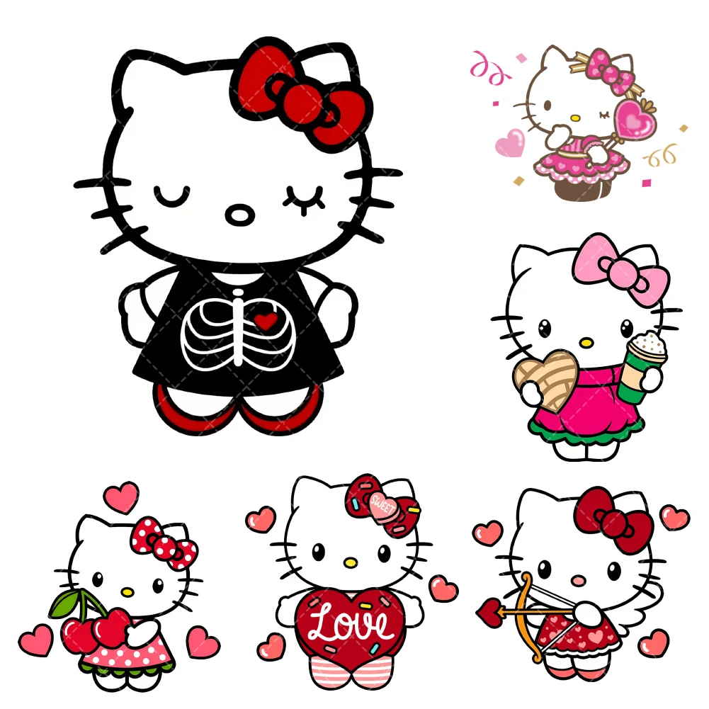 

Kawaii Hello Kitty Sanrio Iron On Heat Transfer Stickers For Cloth DTF Pinted Vinyl Thermal Appliques Washable T-Shirt Patch