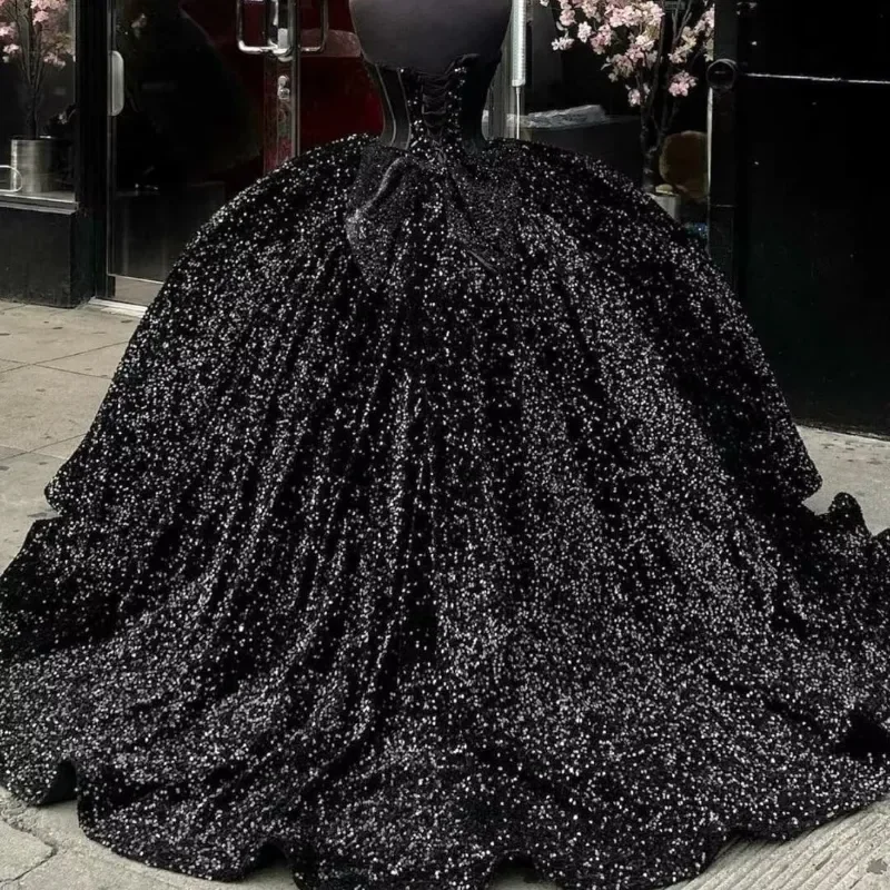 ANGELSBRIDEP Black Shiny Quinceanera Dresses Ball Gown Sequined Beading Sweet 16 Birthday Party Formal Princess Dress Customized