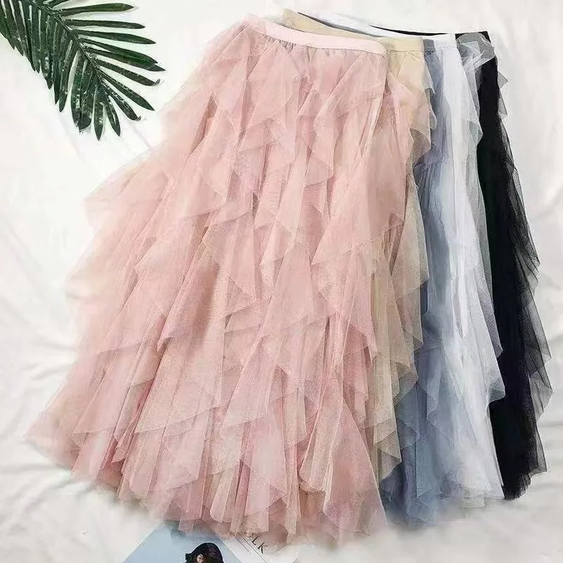 

Irregular mesh loose fit ruffle edge solid color wave skirt
