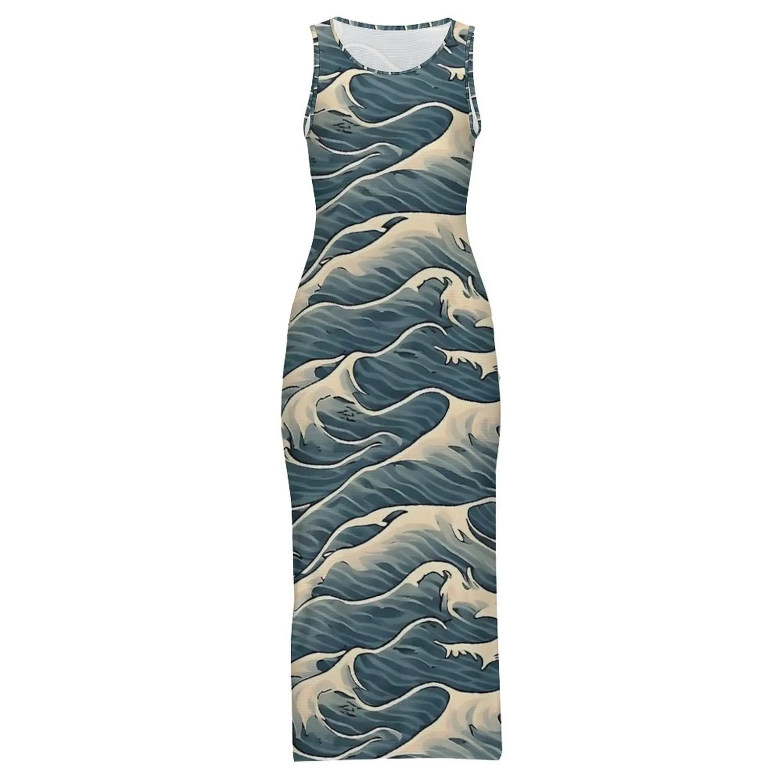 여성 바디콘 드레스 클럽 섹시 오션 블루 웨이브 프린트 맥시 드레스 봄 민소매 스트릿 패션 그래픽 드레스 큰 사이즈