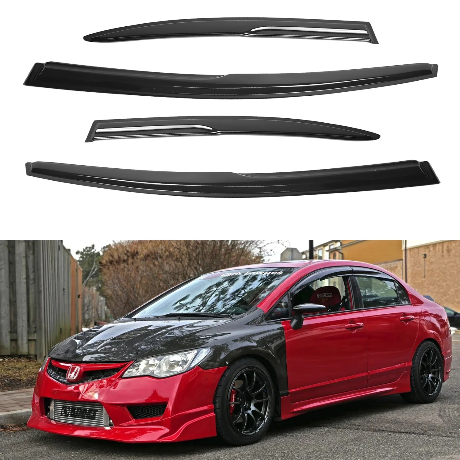 

For Honda Civic 4-Door Sedan 2006-2011 Wind Deflectors Tinted 4pcs Set Window Visor Sun Rain Vent Guards with Water Channel 1.5MM Thickness Boxed
