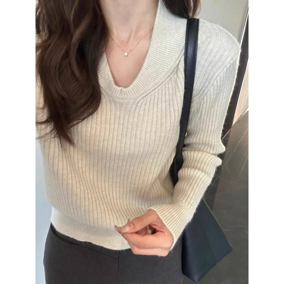 

Women's Knitted Long Sve V-Ne Sweater Spring Autumn American Retro Simple High-End Slimming Base Layer Top