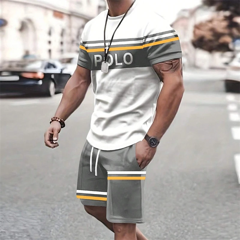 Summer Men's Short Sleeve Shorts Set Simple Letter Print Short Sleeve Casual Drawstring Shorts Fashion Street Photo Clothing