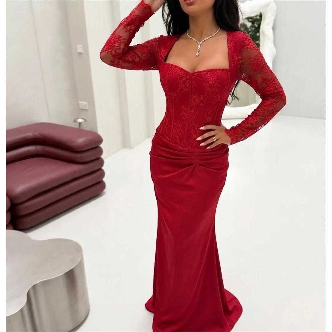 

EDECPBM Lace Square Collar Red Mermaid Evening Dress 2026 Prom Dress Beautiful Formal Evening Customized Robes de Soirée